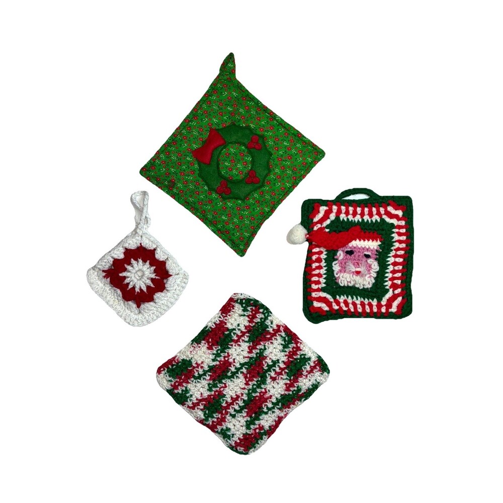 Christmas Pot Holders Knit Crocheted Handmade Hand Sewn Santa Wreath Lot of 4